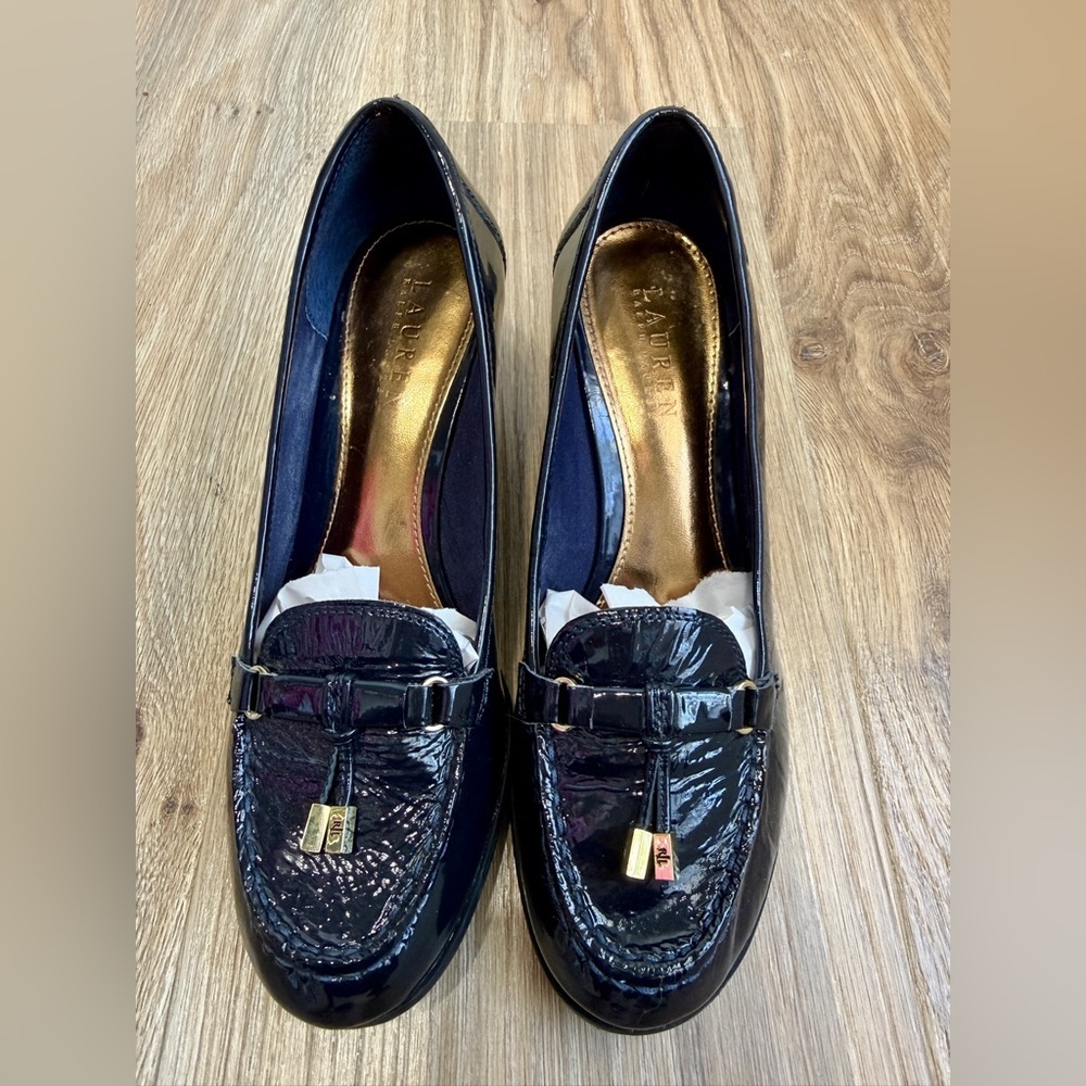 Ralph Lauren Navy Patent Wedge Loafers Size 8.5B